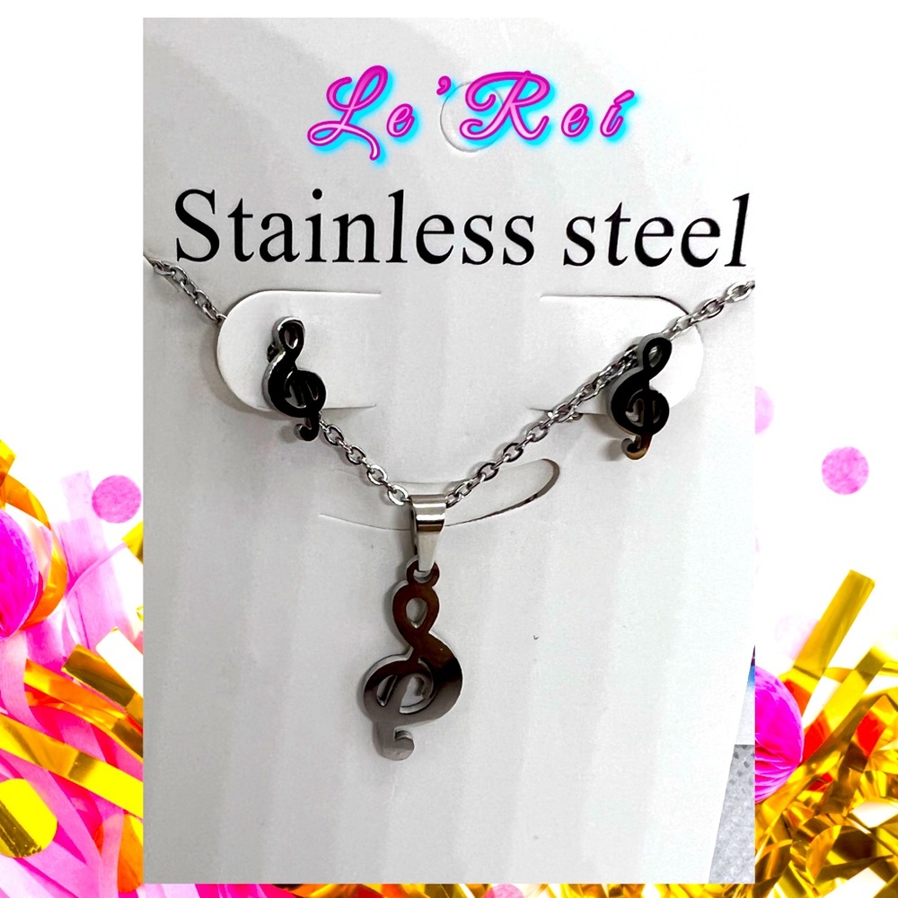 Stainless Steel Silver Music Note Clef Necklace and Earrings Set